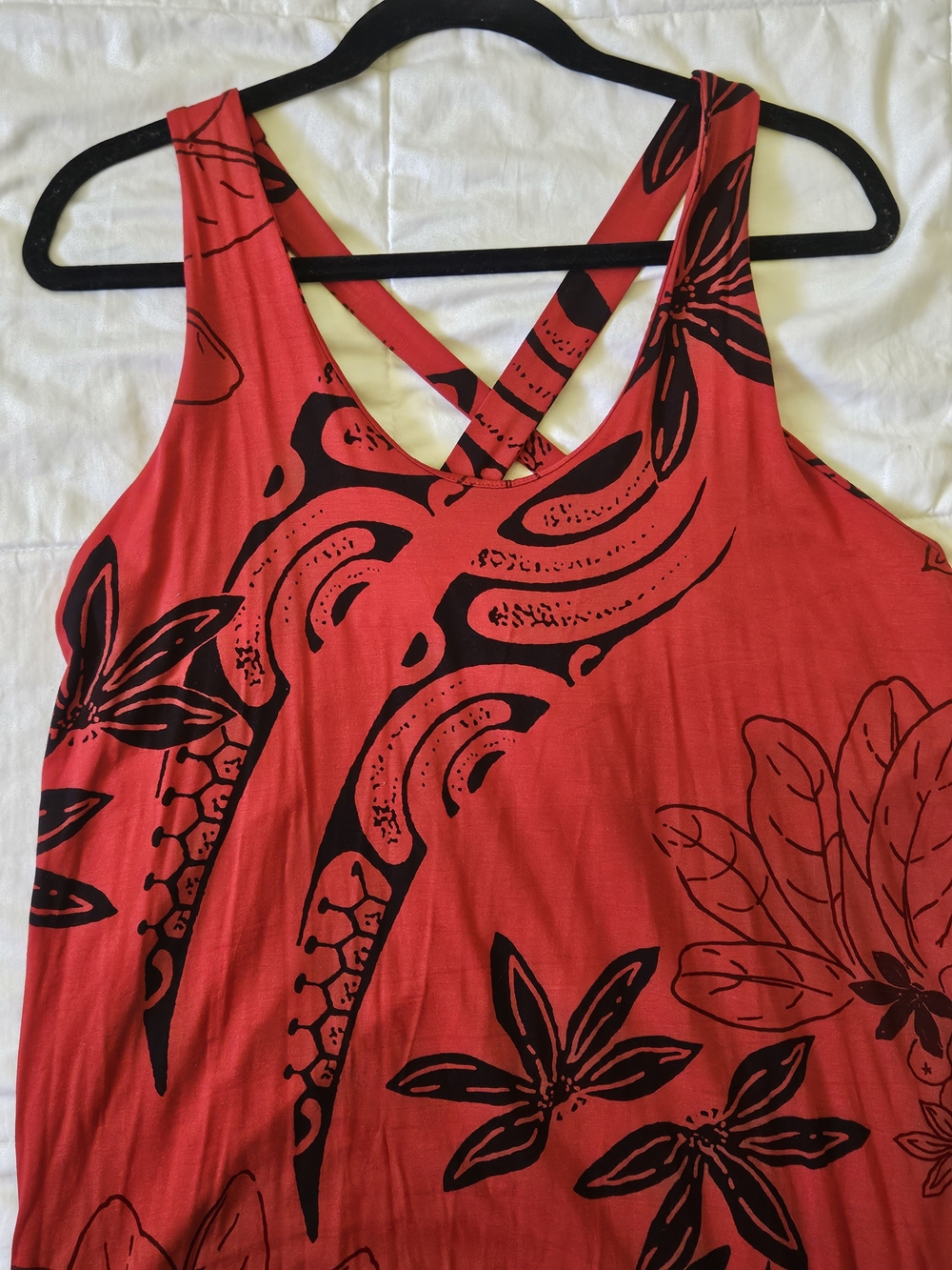 Red Floral Maxi Dress with Black Print and Crisscross Back